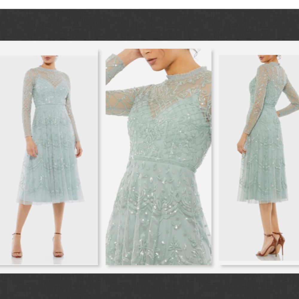 NEW Mac Duggal 9142 Sequined Illusion Long Sleeve Midi Dress Seafoam Size 16